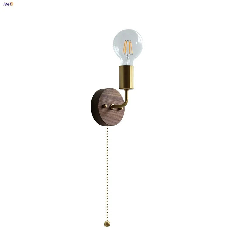 Helnys Walnut Wood LED Wall Light with Clear Glass Sconce & Pull Chain Switch