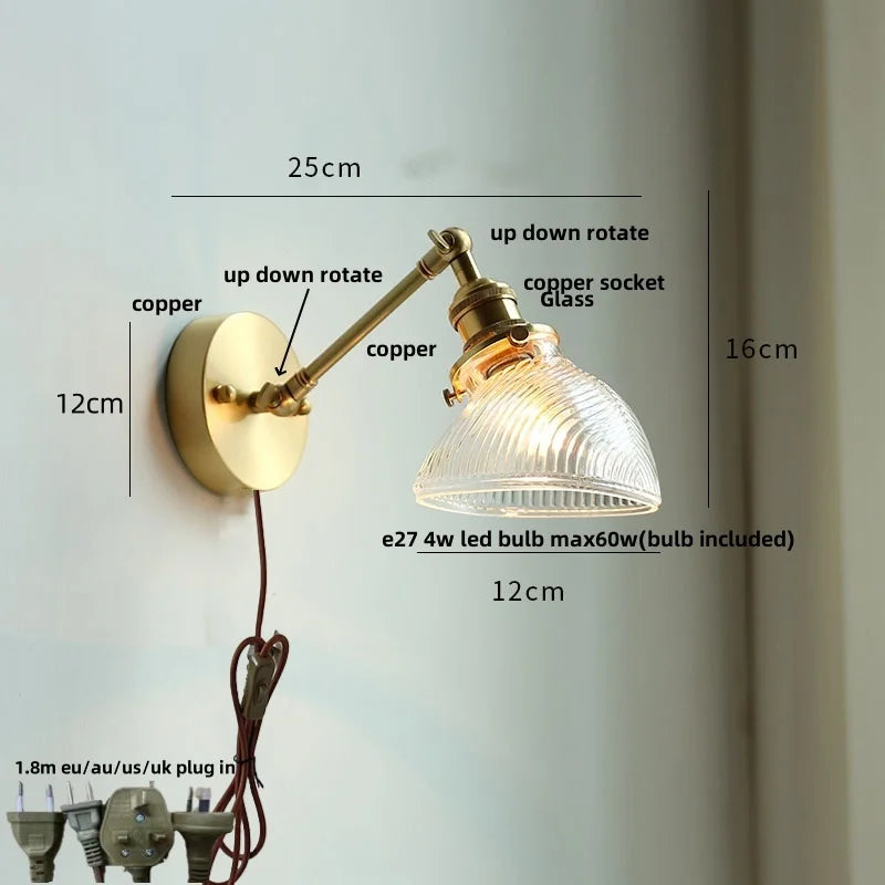 Helnys Brass Swing Arms LED Wall Light, Modern Nordic Clear Glass Bedside Lamp