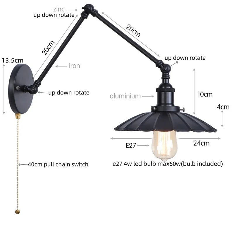 Helnys Adjustable Black Iron LED Wall Light - Industrial Vintage Bedside Lamp