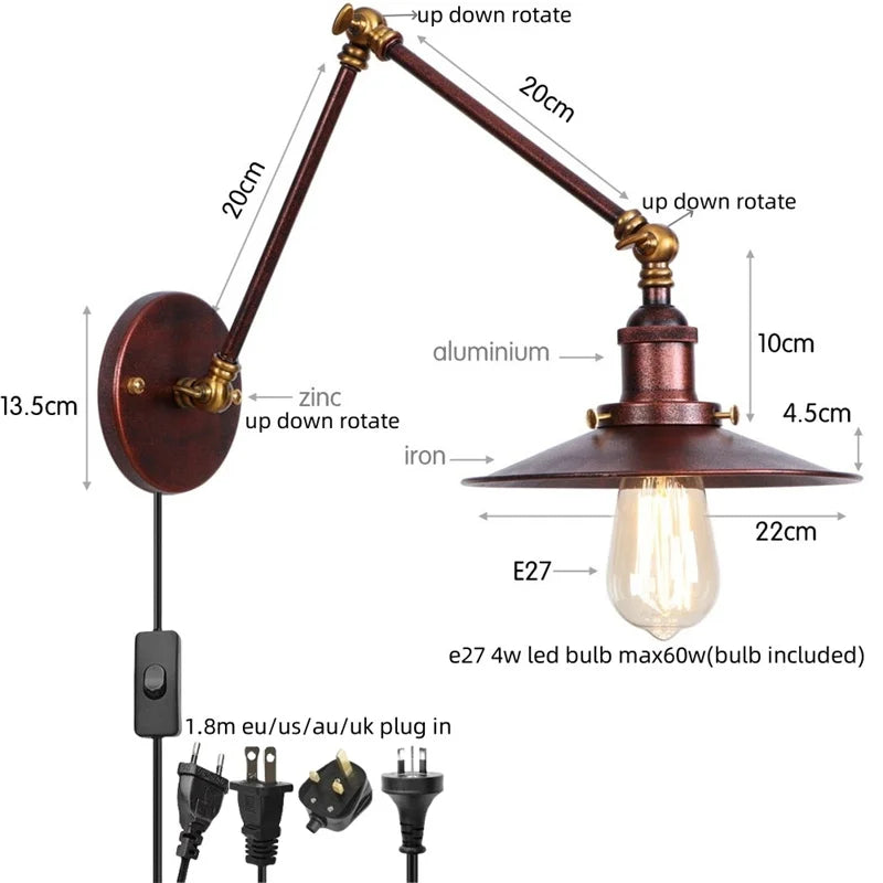 Helnys Rustic Vintage LED Wall Lamp Pull Chain Switch Stair Light Fixtures