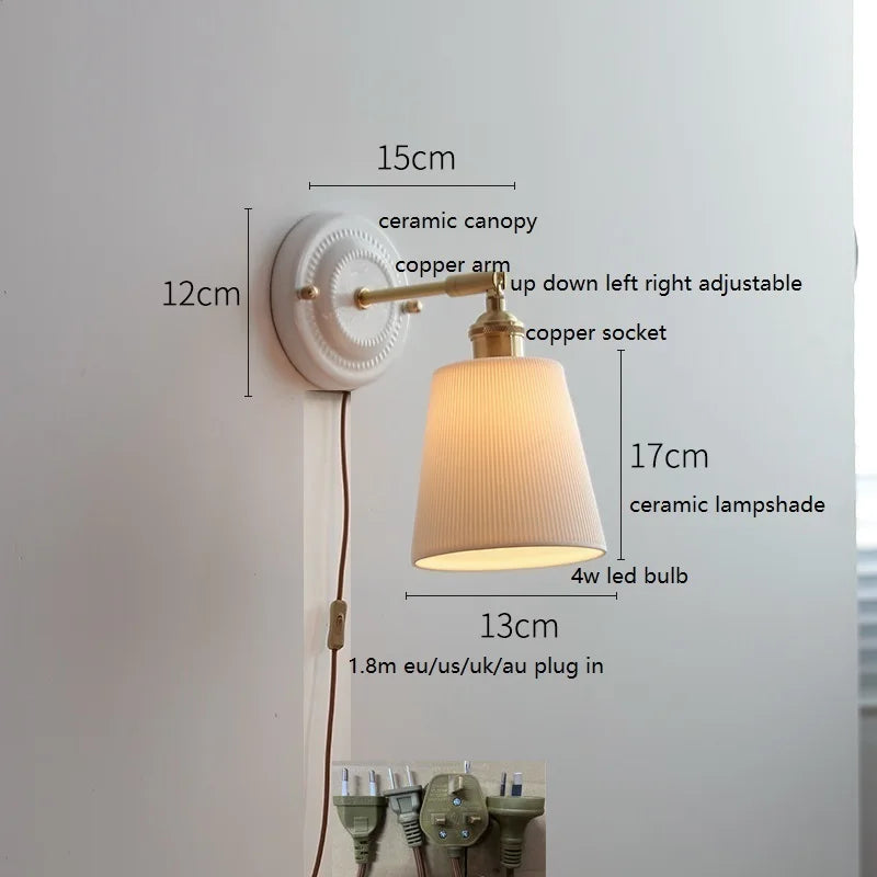 Helnys Ceramic LED Wall Sconce - Copper Arm, Adjustable Pull Chain Switch