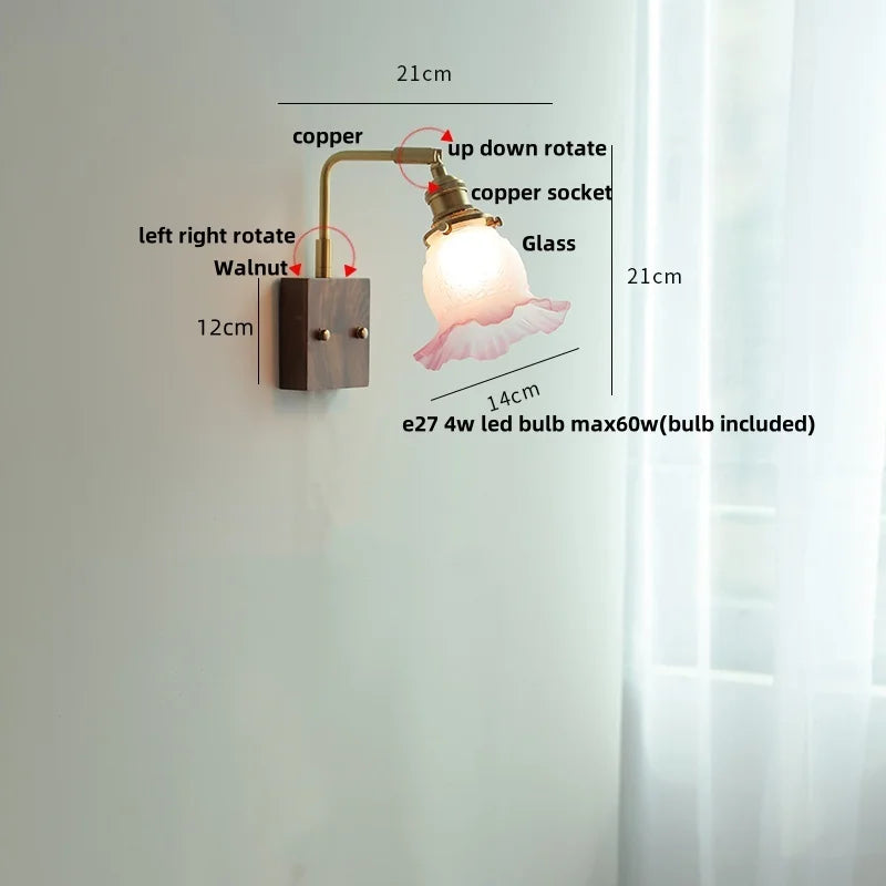 Helnys Brass Walnut Wood LED Wall Sconce Rotatable Glass Stair Light