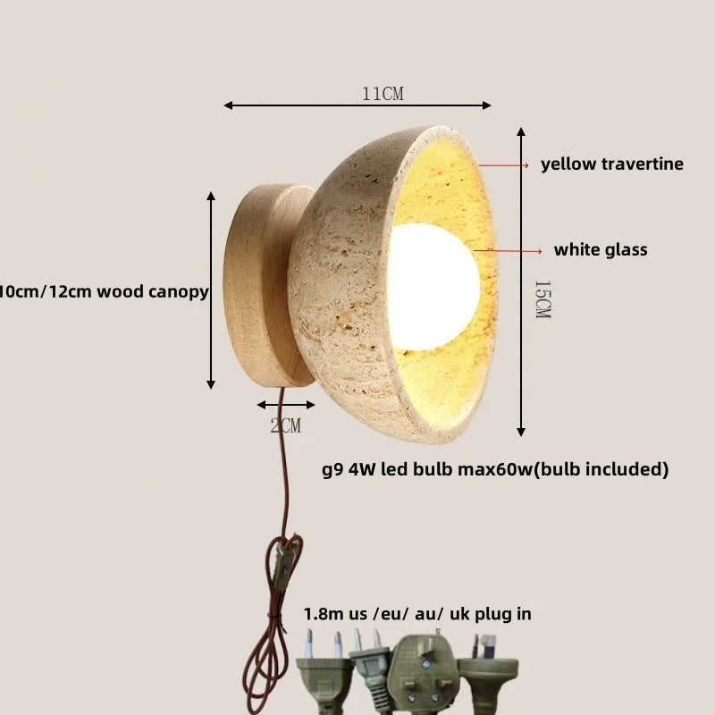 Helnys LED Wall Light with Wood Base, Natrual Yellow Travertine, Nordic Modern Design