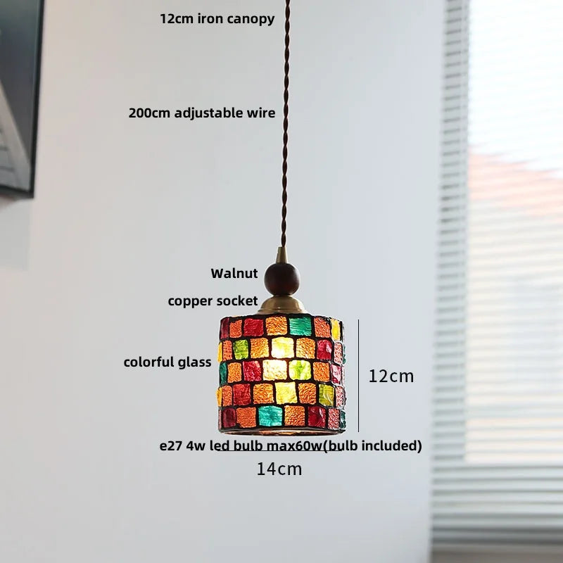 Helnys Adjustable LED Glass Pendant Lights - Modern Nordic Tiffany Copper Wood Hang Lamp