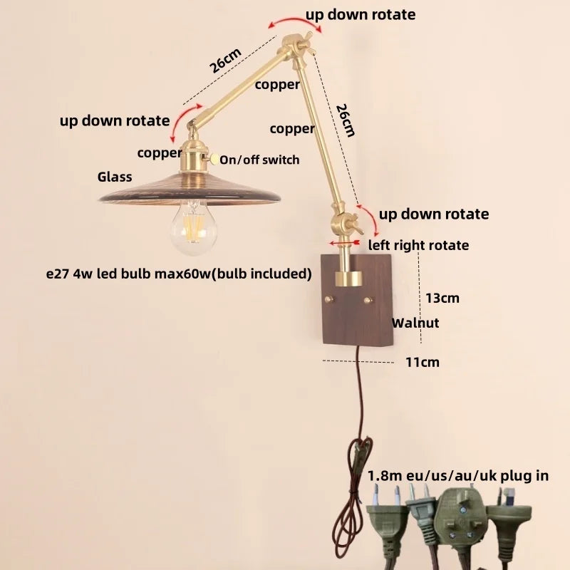 Helnys Cube Glass LED Wall Lamp Sconce with Pull Chain Switch Rotation Wood Arms