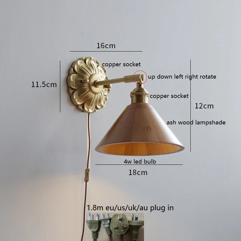Helnys LED Wall Sconce Switch Wood Bedroom Living Room Copper Arm Wall Light