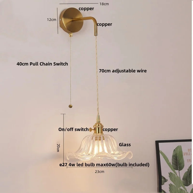 Helnys Copper LED Glass Wall Sconce Pull Chain Switch Adjustable Mirror Light