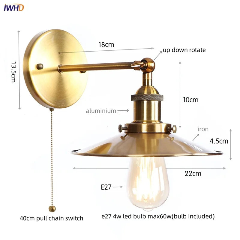 Helnys Loft LED Wall Lamp With Gold Pull Chain Switch - Industrial Vintage Design