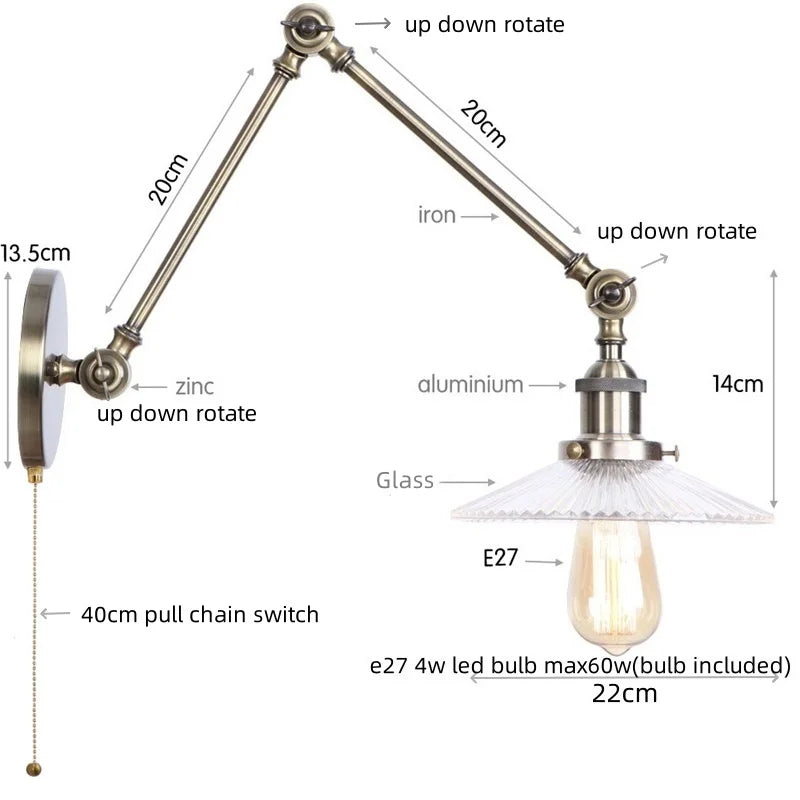 Helnys Vintage Clear Glass LED Wall Lamp with Pull Chain Switch