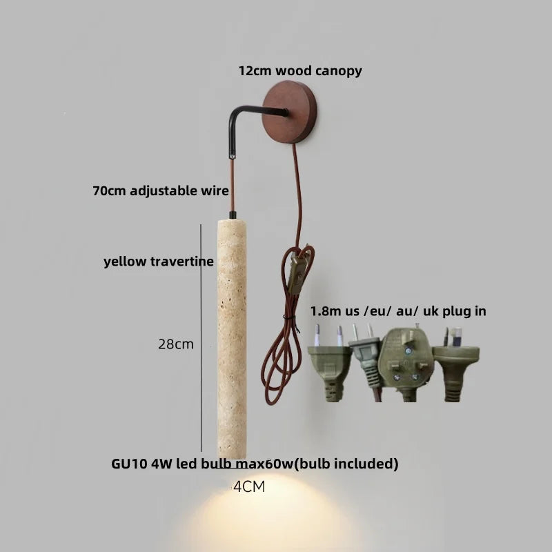 Helnys Adjustable LED Wall Lamp Pull Chain Switch Wood Nordic Modern Yellow Travertine