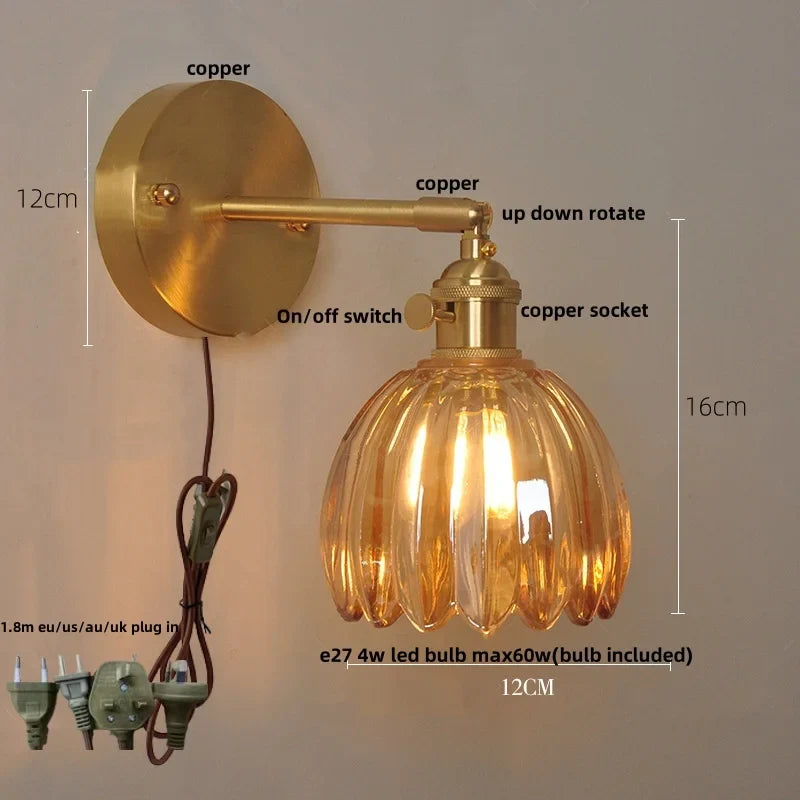 Helnys Clear Glass LED Wall Lights Up Down Rotate Copper Nordic Sconce Fixtures