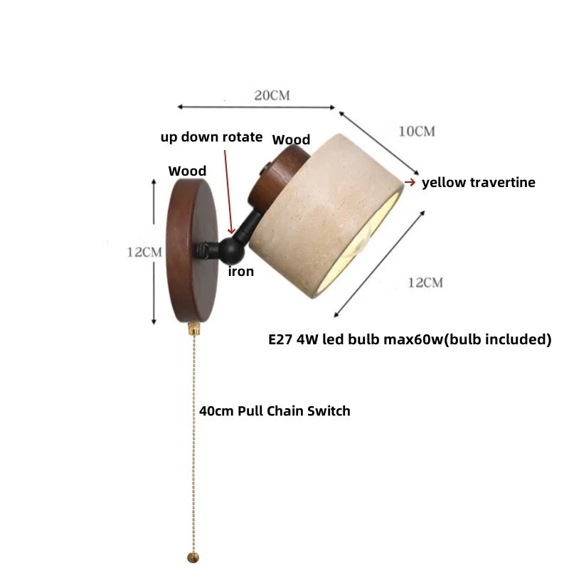 Helnys Yellow Travertine LED Wall Light with Pull Chain Switch