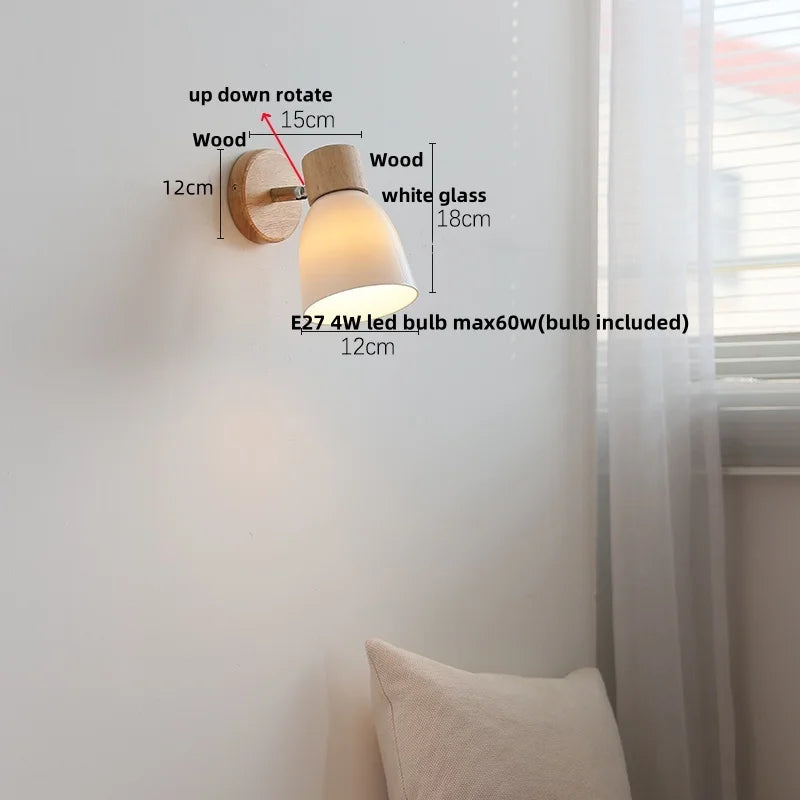 Helnys Modern Wood White Ceramic Wall Light Sconce Rotation Bedside Lamp