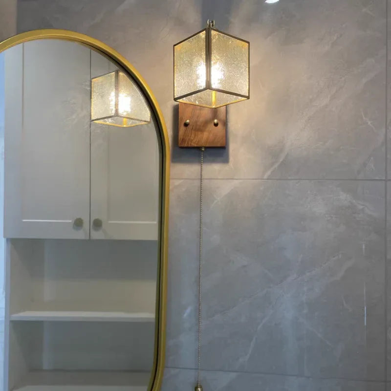 Helnys Cube Glass LED Wall Lights with Pull Chain Switch for Modern Decor