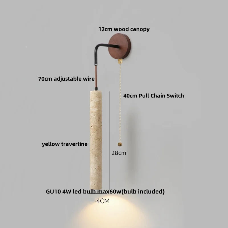 Helnys Adjustable LED Wall Lamp Pull Chain Switch Wood Nordic Modern Yellow Travertine