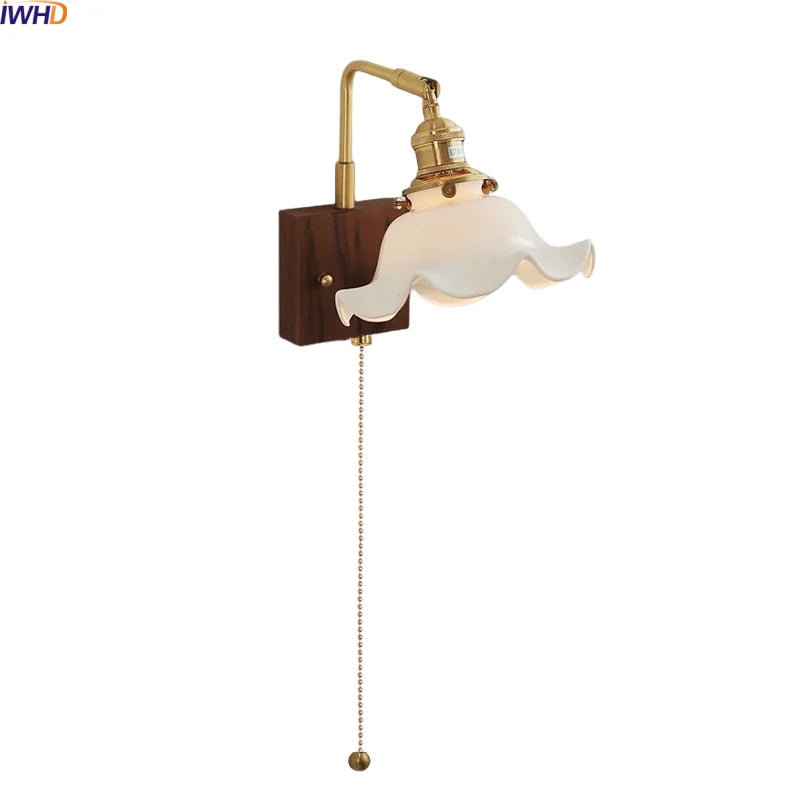 Helnys Vintage Brass Ceramic Flower LED Wall Lamp - Wooden Base