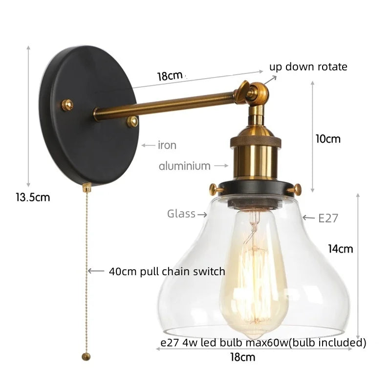 Helnys Red Bronze LED Wall Lamp Pull Chain Switch Clear Glass Vintage Retro Stair Light