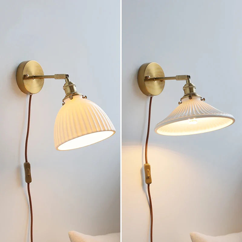 Helnys Nordic Ceramic LED Wall Sconce with Switch for Bedroom Living Room