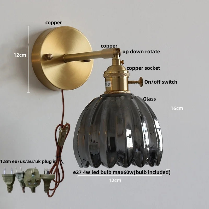 Helnys Clear Glass LED Wall Lights Up Down Rotate Copper Nordic Sconce Fixtures