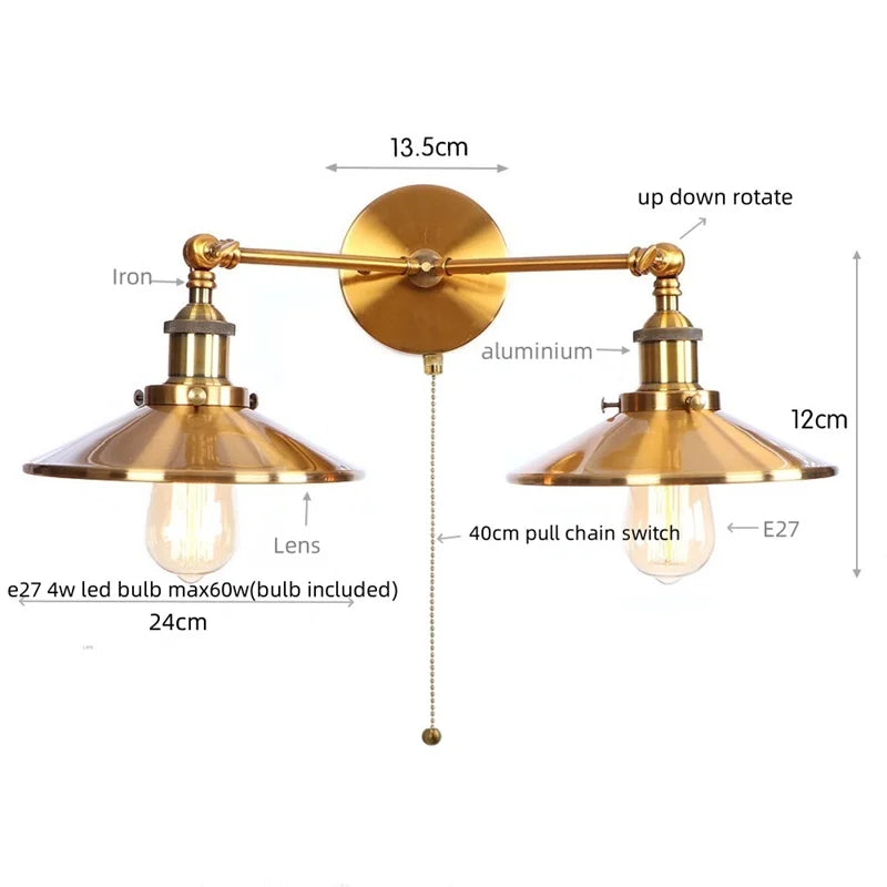 Helnys Gold Vintage 2 Heads LED Wall Lights Industrial Pull Chain Switch Lamp