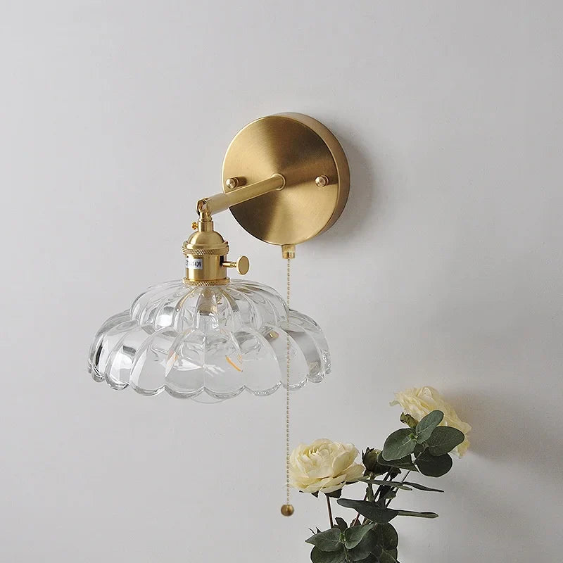 Helnys LED Wall Lights with Pull Chain Switch and Clear Glass Up Down Rotate Copper Finish
