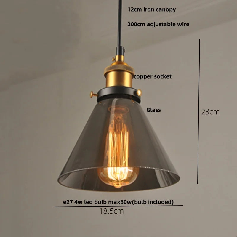 Helnys Loft Smoke Gray LED Pendant Lamp Brass Glass Vintage Hanging Light