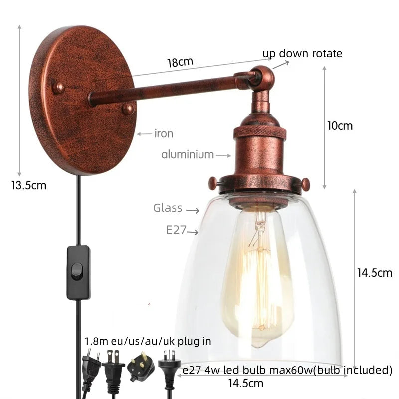 Helnys Gold LED Wall Light with Pull Chain Switch - Industrial Vintage Style