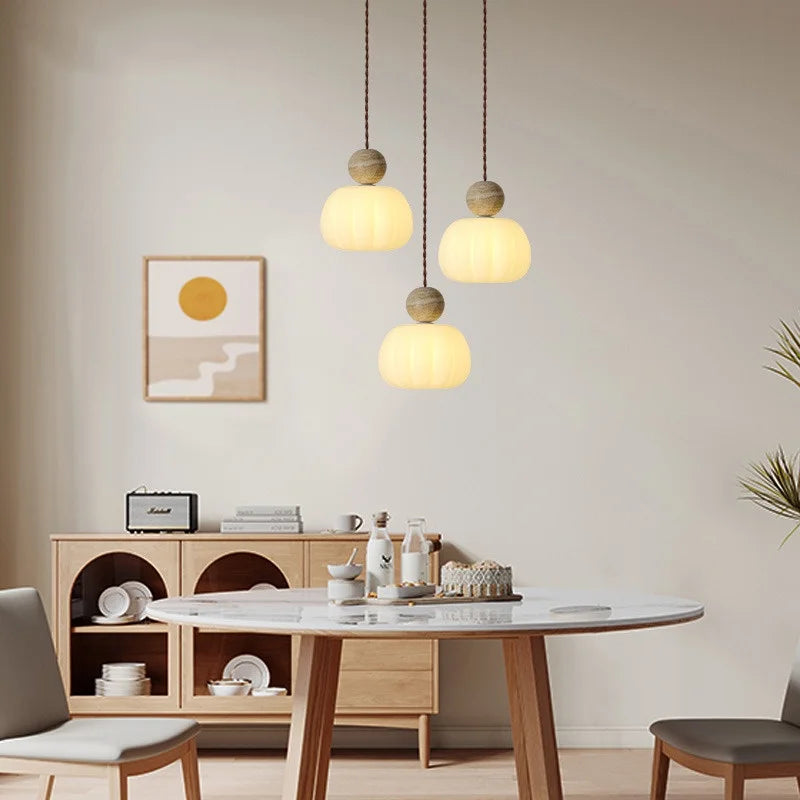 Helnys White PE Lampshade LED Pendant Lamp Yellow Travertine Globe Wood Hanging Lights