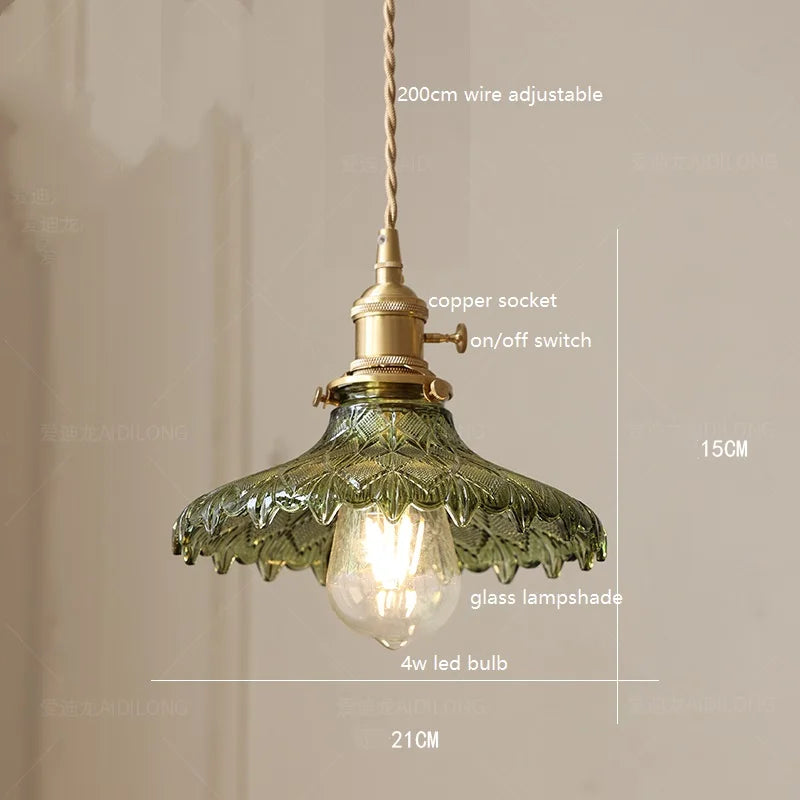 Helnys Green Glass LED Pendant Lamp with Copper Wood Handle for Dinning Living Room