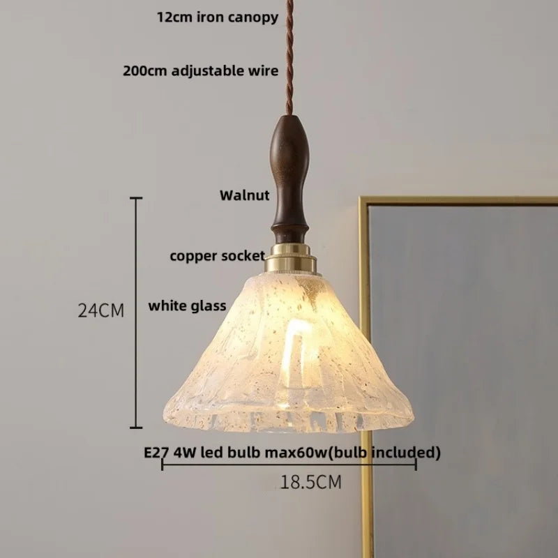 Helnys White Glass LED Pendant Light Fixture Nordic Modern Walnut Wood Hang Lamp