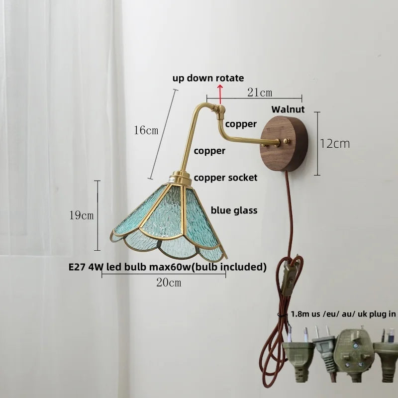Helnys Walnut Base LED Wall Light with Pull Chain Switch and Rotating Copper Lampshade
