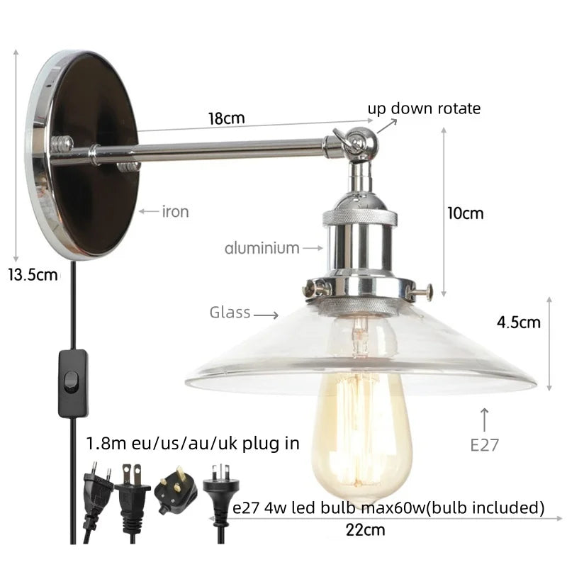 Helnys Vintage Industrial LED Wall Lamp Clear Glass Gold Bedside Light
