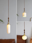 Helnys White Ceramic Ball LED Pendant Light with Copper Socket & Wood Handle