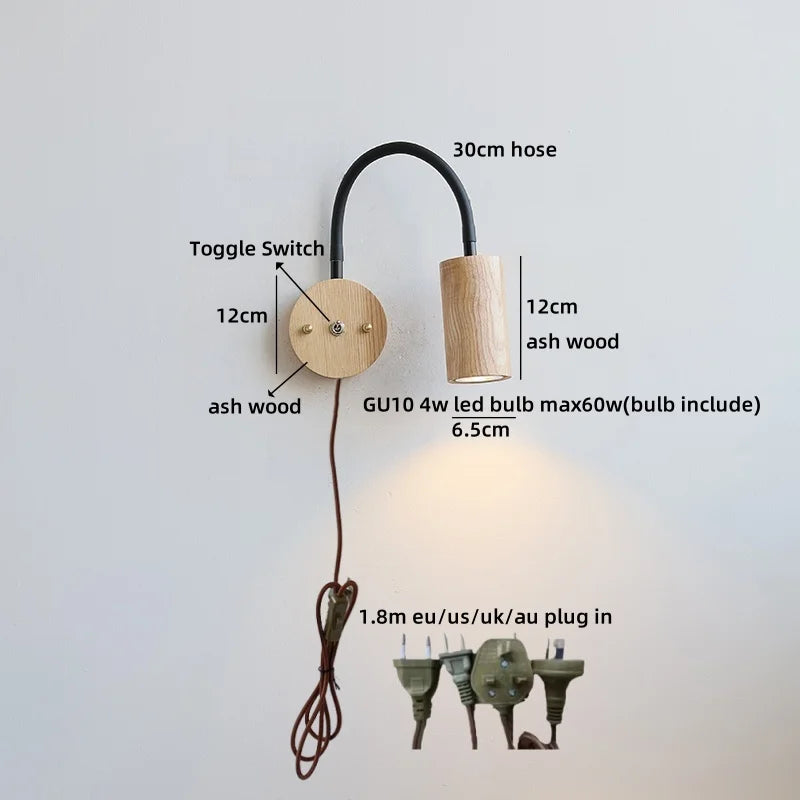 Helnys Vintage LED Wall Light Walnut Wood Black Hose Bedside Lamp
