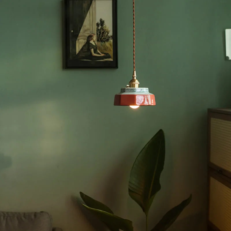 Helnys Vintage Ceramic Copper Pendant Light - Handpainted LED Pendant Lamp