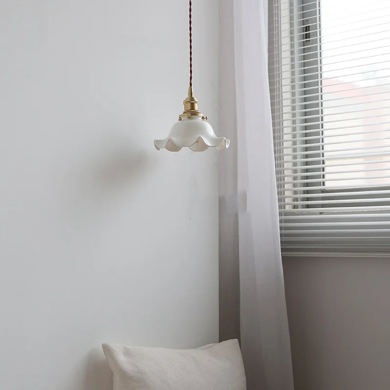 Helnys Flower Ceramic LED Pendant Lamp with Copper Socket, Adjustable Modern Hanging Light