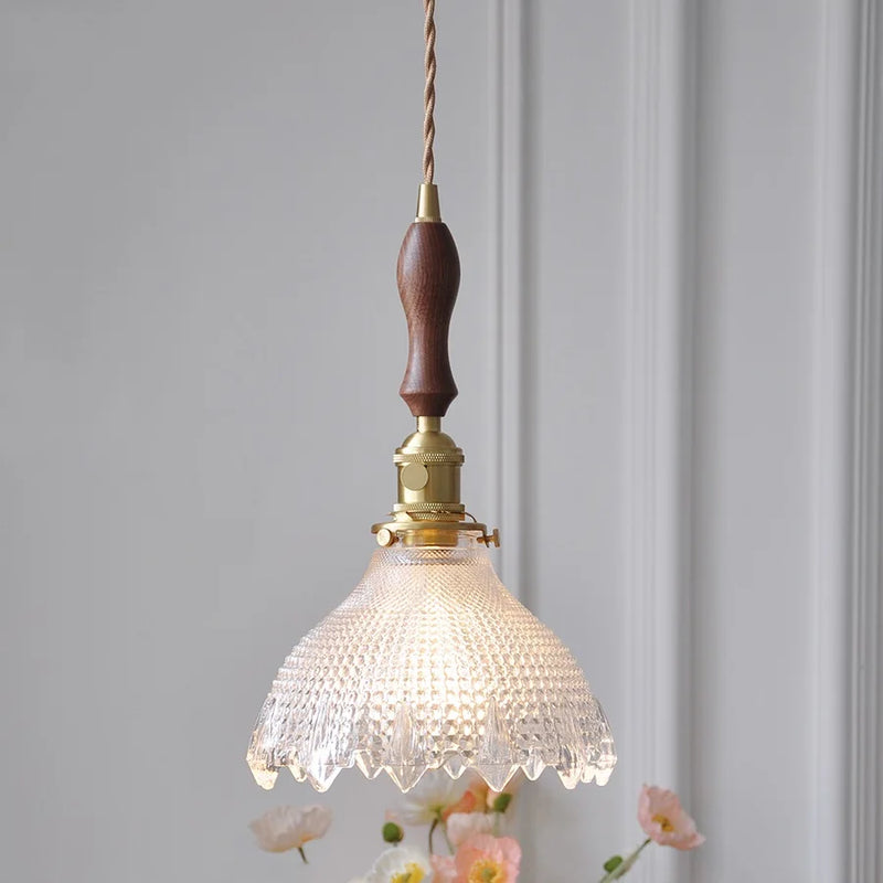 Helnys Green Glass LED Pendant Lamp with Copper Wood Handle for Dinning Living Room