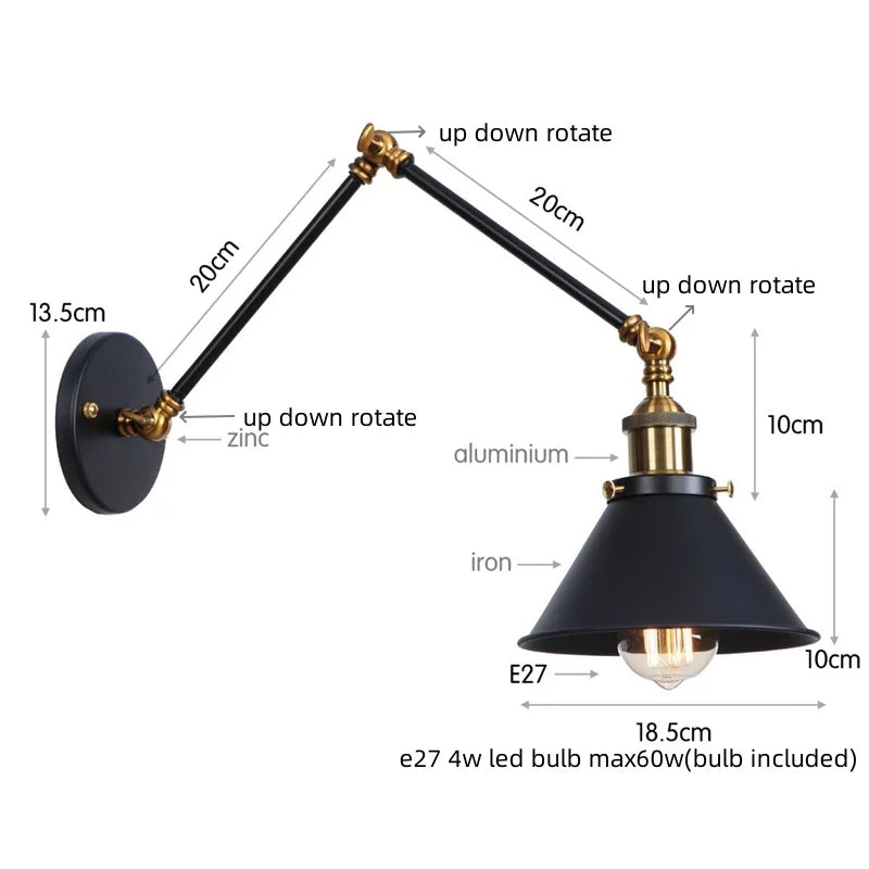 Helnys Vintage Iron LED Wall Lamp with Pull Chain Switch