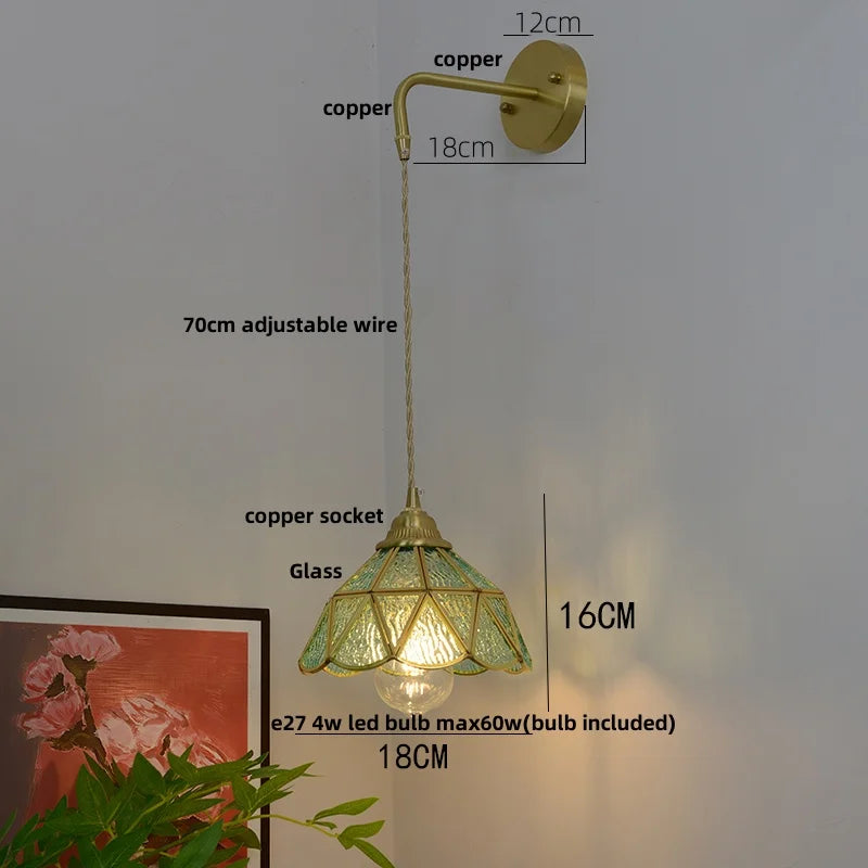 Helnys Vintage Glass Brass LED Wall Sconce Switched Vanity Light
