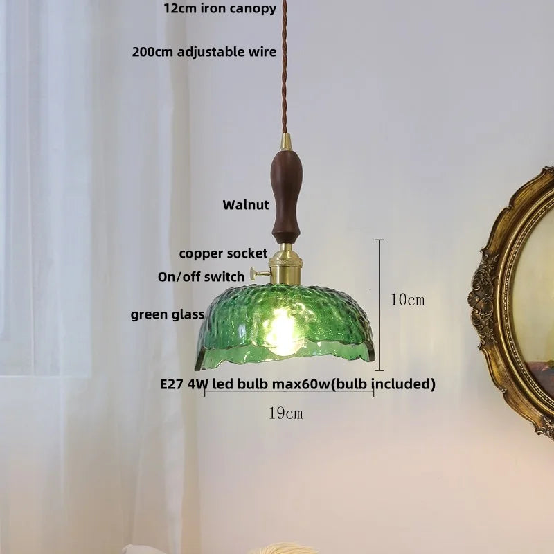 Helnys Green Glass LED Pendant Light with Walnut Wood Knob Switch