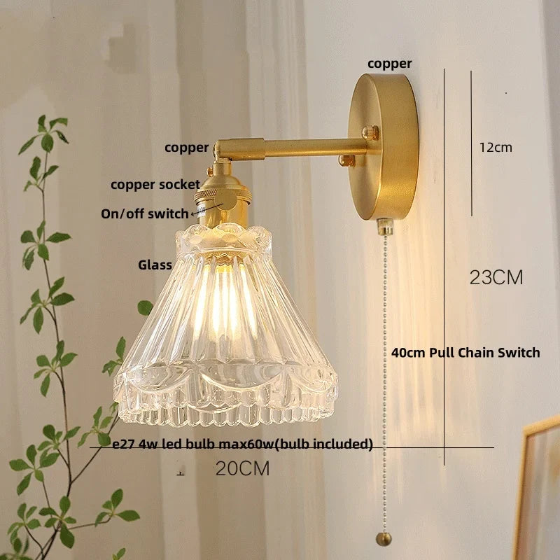 Helnys Brass LED Wall Lamp Sconce Pull Chain Switch Stair Light Fixtures