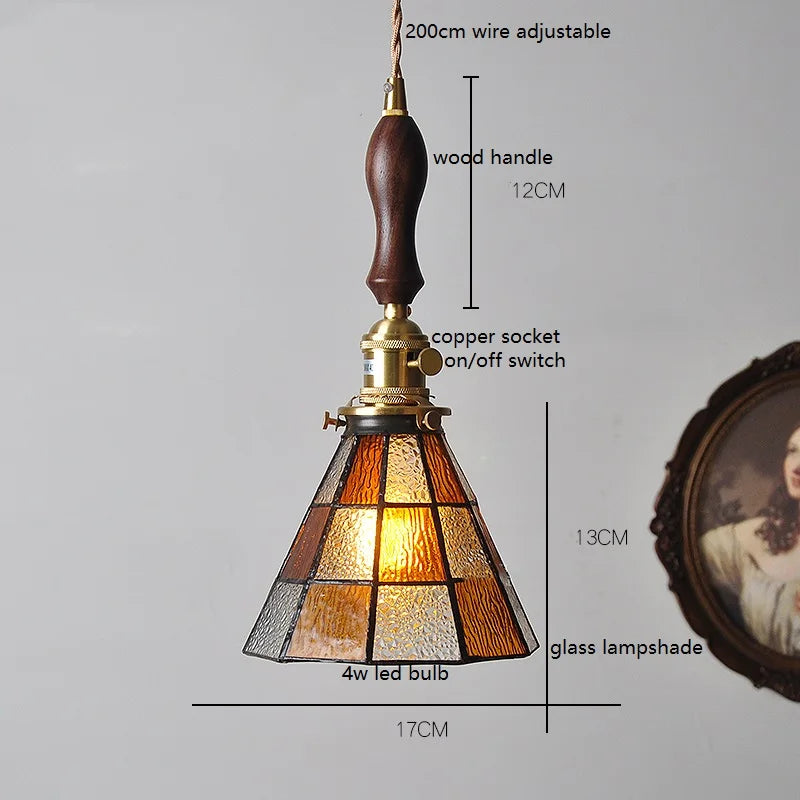 Helnys Vintage Europe Style LED Pendant Light with Wood, Copper, Glass Lampshade