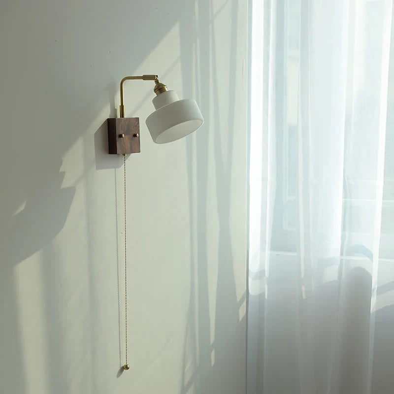 Helnys White Glass LED Wall Light Fixture Walnut Wood Brass Pull Chain Switch
