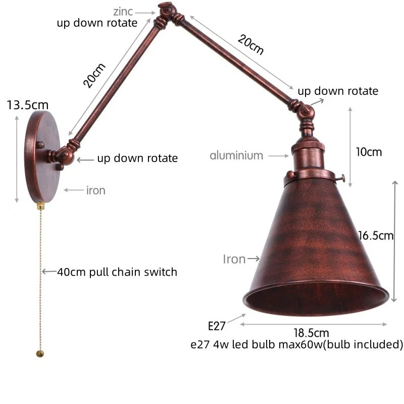 Helnys Iron Gold LED Wall Lamp with Long Arm Pull Chain Switch