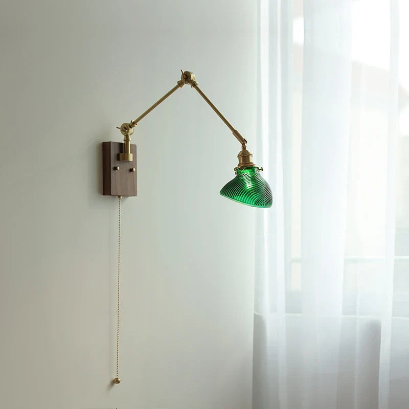 Helnys Green LED Swing Arm Wall Lamp Sconce with Walnut Wood Finish