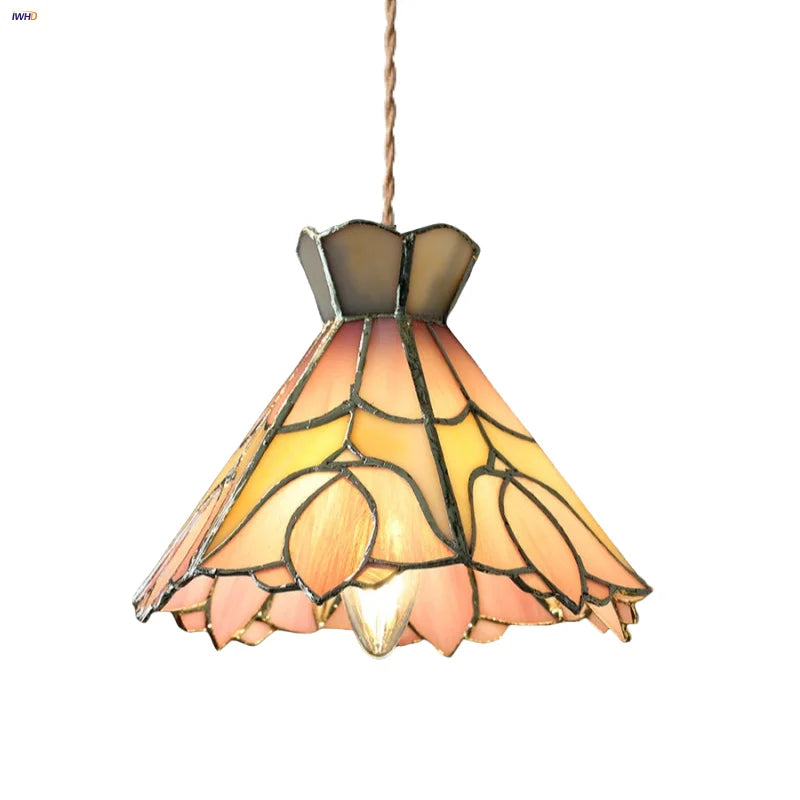 Helnys Tiffany LED Pendant Light Flower Glass Hanging Lamp for Home Decor