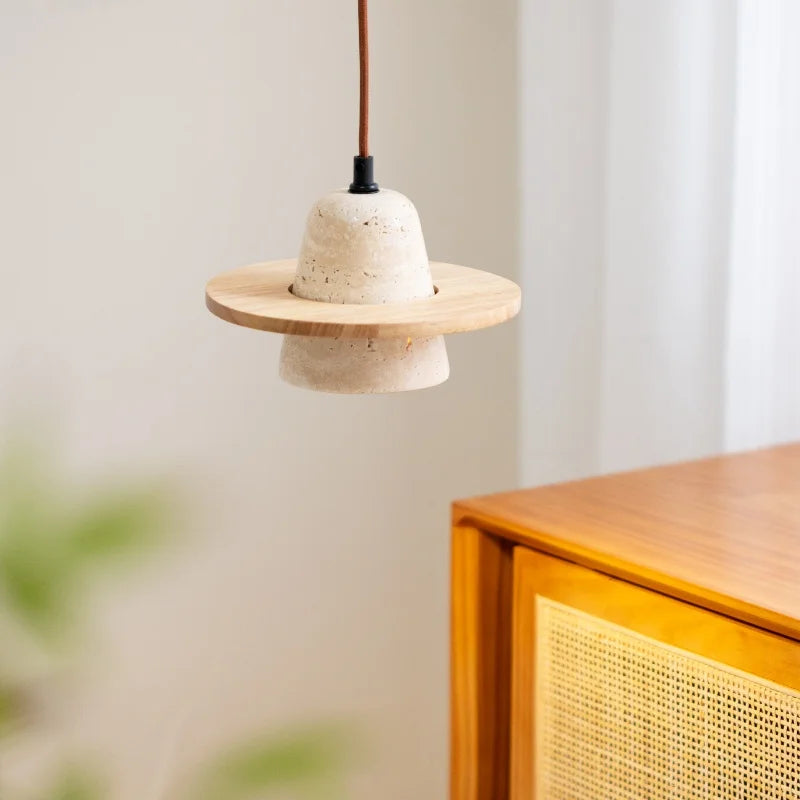 Helnys LED Pendant Light Fixture with Natural Yellow Travertine Materials
