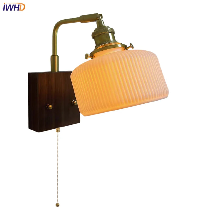 Helnys Rotatable Ceramic LED Wall Sconce Nordic Walnut Wood Bedside Lamp