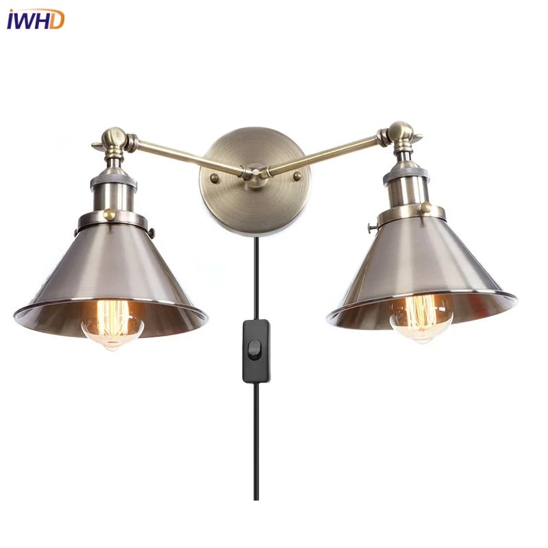 Helnys Loft Plug In 2 Head LED Wall Lights for Bedroom Mirror Industrial Style