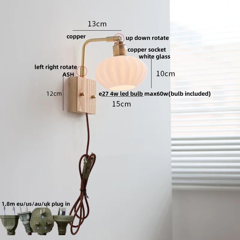 Helnys Ash Wood LED Wall Light with Pull Chain Switch & Rotatable White Glass